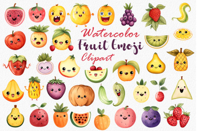 Cute Kawaii Fruit Emoji Watercolor Clipart