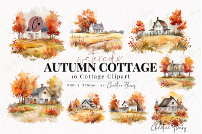 16 Watercolor Autumn Cottage Clipart