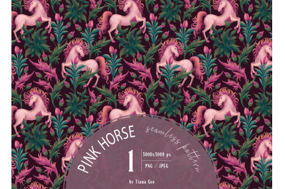 Cute floral pink horse seamless pattern- 1 png and jpeg file
