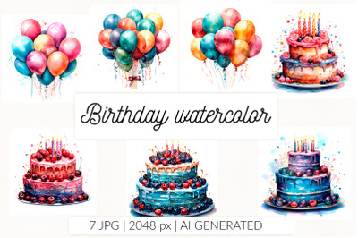 Happy Birthday watercolor Air balloons and Birthday Cake watercolor