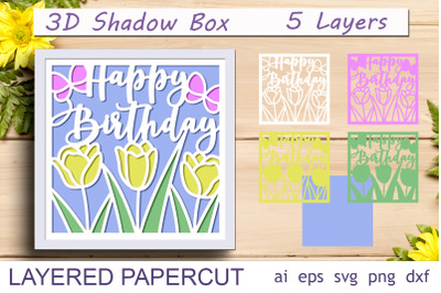 3d happy birthday card with flowers, Shadow box layered