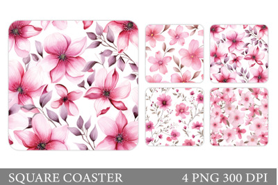 Flowers Coaster Sublimation. Pink Flowers Square Coaster