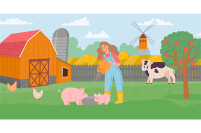 Farm life. Young female woman feeding pig, meadow with cow and poultry