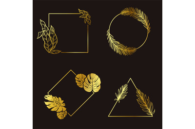 Golden leafs frames. Shiny borders of different geometric shape with p