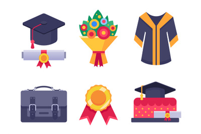 Graduation day icons. College or school graduate students accessories,