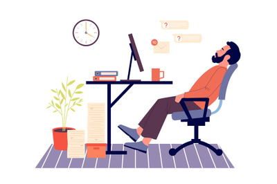 Procrastination concept. Male employee sitting at workplace and restin