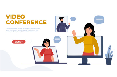 Video conference landing page. Different gadgets for online meetings.