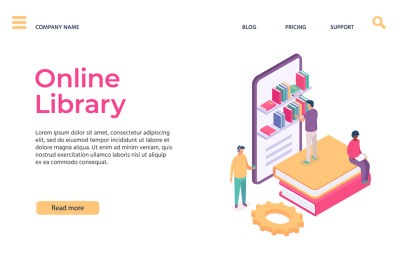 Web library online education landing pages. Man choosing book in table