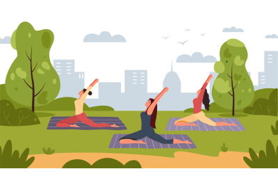 Women yoga group in park. Female characters in sportswear exercising t