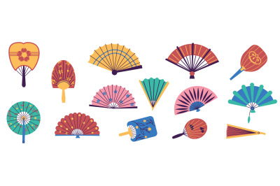 Paper hand fans. Traditional oriental folding fans, hand wind accessor