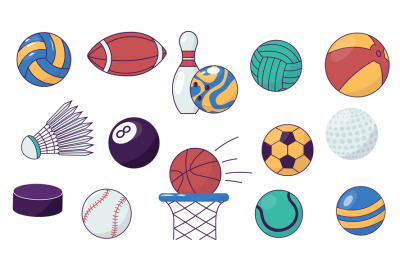 Cartoon sport ball. Set of different colorful game equipment, bowling