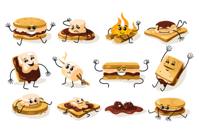 Cartoon smore characters. Cute toasted marshmallow faces with sweet sm