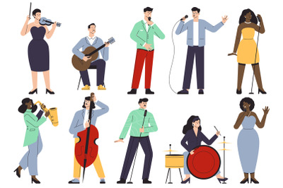 Singers and musicians characters. Cartoon musicians and band members,