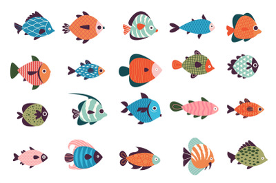 Exotic fish collection. Cartoon marine underwater wildlife, colorful o