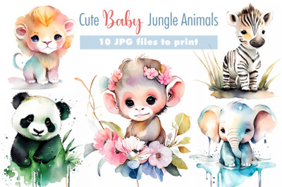 Cute Baby Jungle Animals in Watercolor.