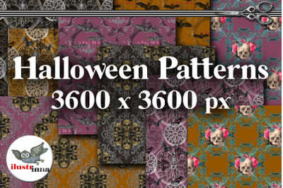 Brown, orange and purple Halloween seamless patterns