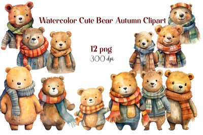 Watercolor Cute Bear Autumn Clipart Sublimation Bundle