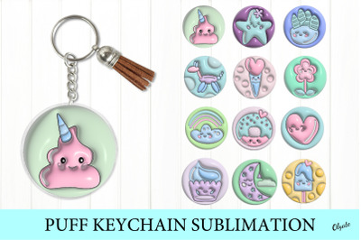 3D Puff Kawaii Keychain Sublimation. Round Keychain PNG