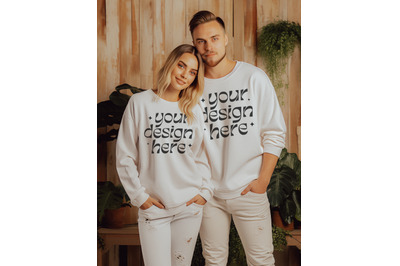 Couple Mockup Gildan 18000, Gildan White Sweatshirt, Trendy Simple Mod