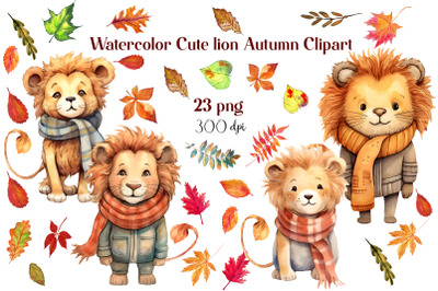 lion In Autumn Clipart Bundle, Fall illustration Bundle