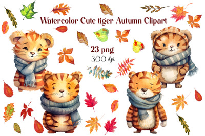 Tiger In Autumn Clipart Bundle, Fall illustration Bundle