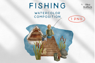 Watercolor Fishing PNG. Fisherman, Lake and Boat Illustration