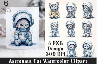 Astronaut Cat Watercolor Clipart, Mug Sublimation Design