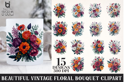 Beautiful Vintage Floral Bouquet Clipart, Mug Sublimation