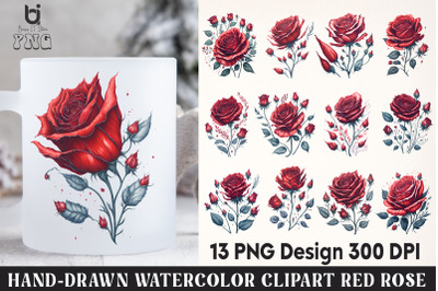 Hand-Drawn Watercolor Red Rose Clipart, Red Rose Mug Design