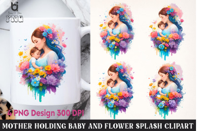 Mother Holding Baby and Flower Splash Clipart, Mug PNG File