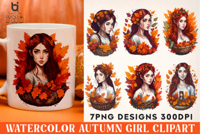 Watercolor Autumn Girl clipart, Autumn Girl Mug PNG Design