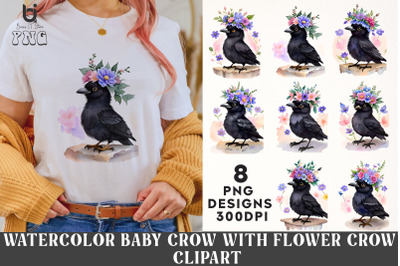 Watercolor Baby Crow With Flower Crown Clipart, Bird Mug PNG