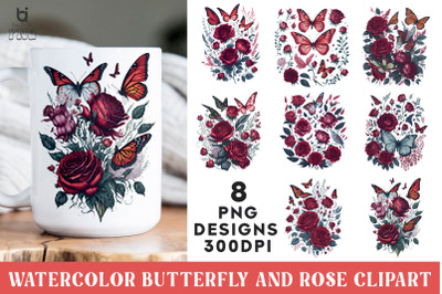 Watercolor Butterfly and Rose Clipart, Butterfly Mug PNG