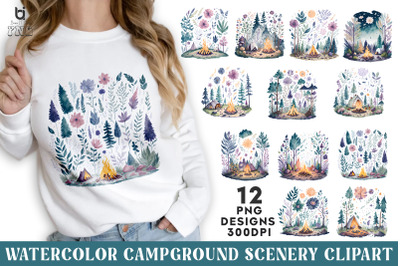 Watercolor Campground Scenery Clipart, T-shirt Design