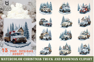 Watercolor Christmas Truck And Snowman Clipart, Mug PNG File