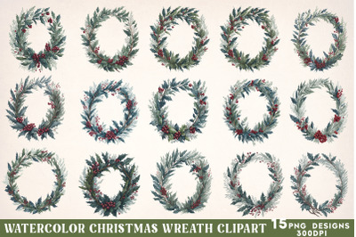 Watercolor Christmas Wreath Clipart, Christmas Sublimation
