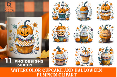 Watercolor Cupcake and Halloween Pumpkin Clipart, Mug Design