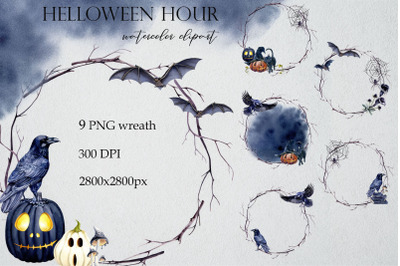 Watercolor Halloween wreaths, Watercolor Gothic Frame, Spooky Pumpkin