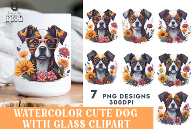 Watercolor Cute Dog With Glass Clipart, Dog Mug Design