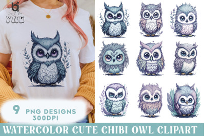 Watercolor Cute Chibi Owl Clipart, Owl T-shirt Design