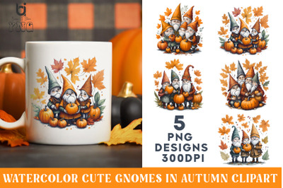 Watercolor Cute Gnomes in Autumn Clipart, Autumn Mug PNG