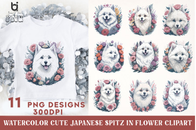 Watercolor Cute Japanese Spitz in Flower Clipart,