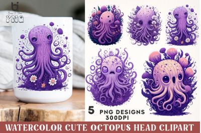 Watercolor Cute Octopus Head Clipart, Octopus Mug PNG Design
