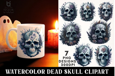 Watercolor Dead Skull Clipart, Halloween Mug Design