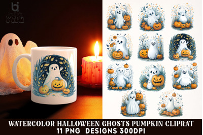 Watercolor Halloween Ghosts Pumpkin Cliprat, Mug Sublimation