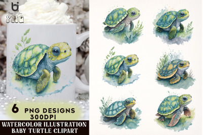 Watercolor Illustration Baby Turtle Clipart, Mug Sublimation Design