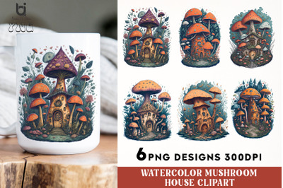 Watercolor Mushroom House Clipart, Mug Sublimation Design