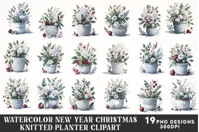 Watercolor New Year Christmas knitted planter Clipart
