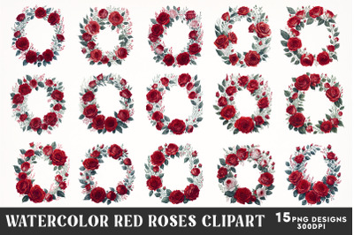 Watercolor Red Roses Wreath, Red Roses Sublimation Design