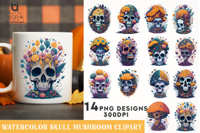 Watercolor Skull Mushroom Clipart, Mug Sublimation Design